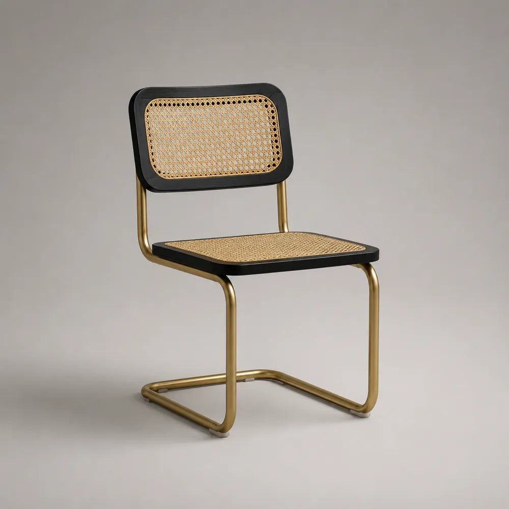 Chaise de salle à manger 55 x 60 x 80 cm structure métal noir et doré cannage rotin assise et dossier forme cantilever