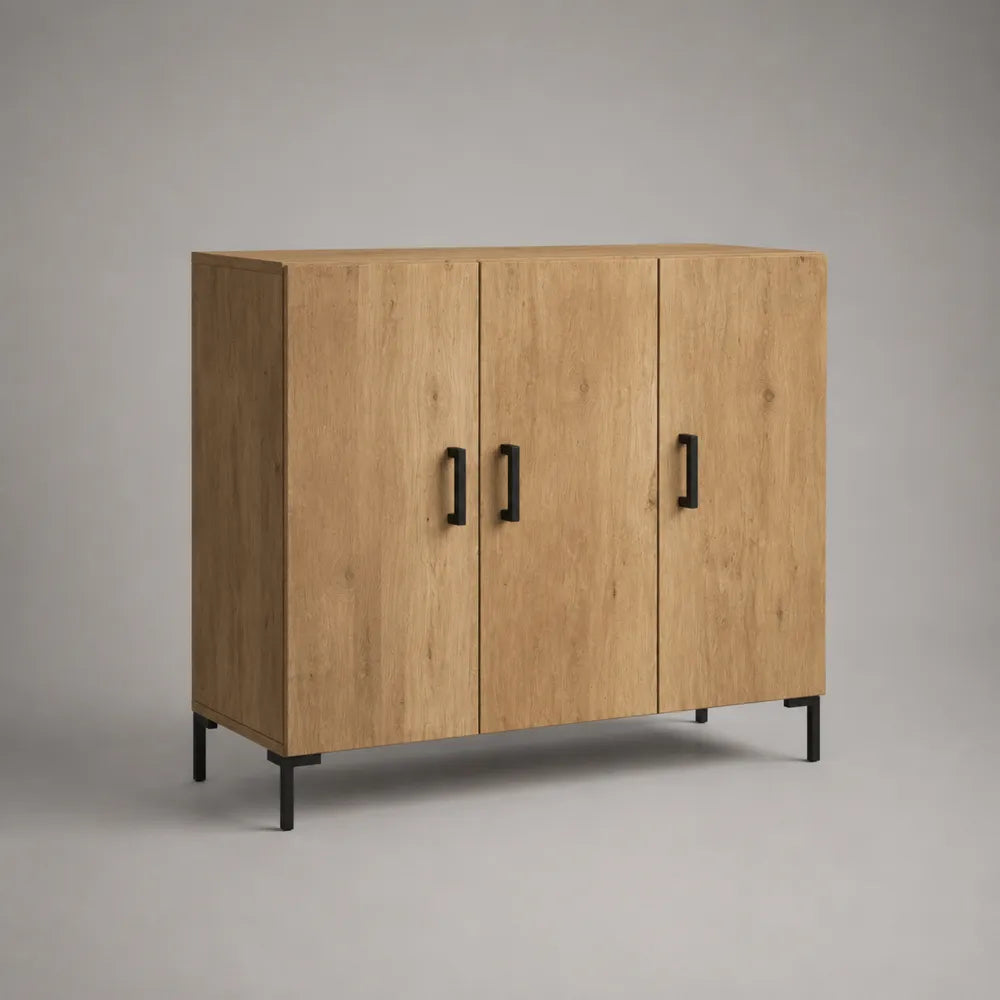Buffet de salle à manger 3 portes bois MDF placage chêne naturel structure acier noir 120 cm x 40 cm x 85 cm