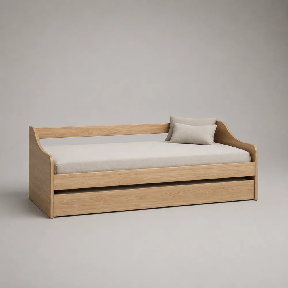 Lit banquette 90 x 200 cm bois massif chêne naturel cadre rectangulaire avec tiroir de rangement sommier à lattes intégré