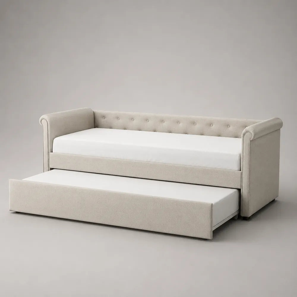 Canapé-lit gigogne 90 x 200 cm tissu polyester beige clair cadre rectangulaire avec lit inférieur coulissant tête de lit capitonnée