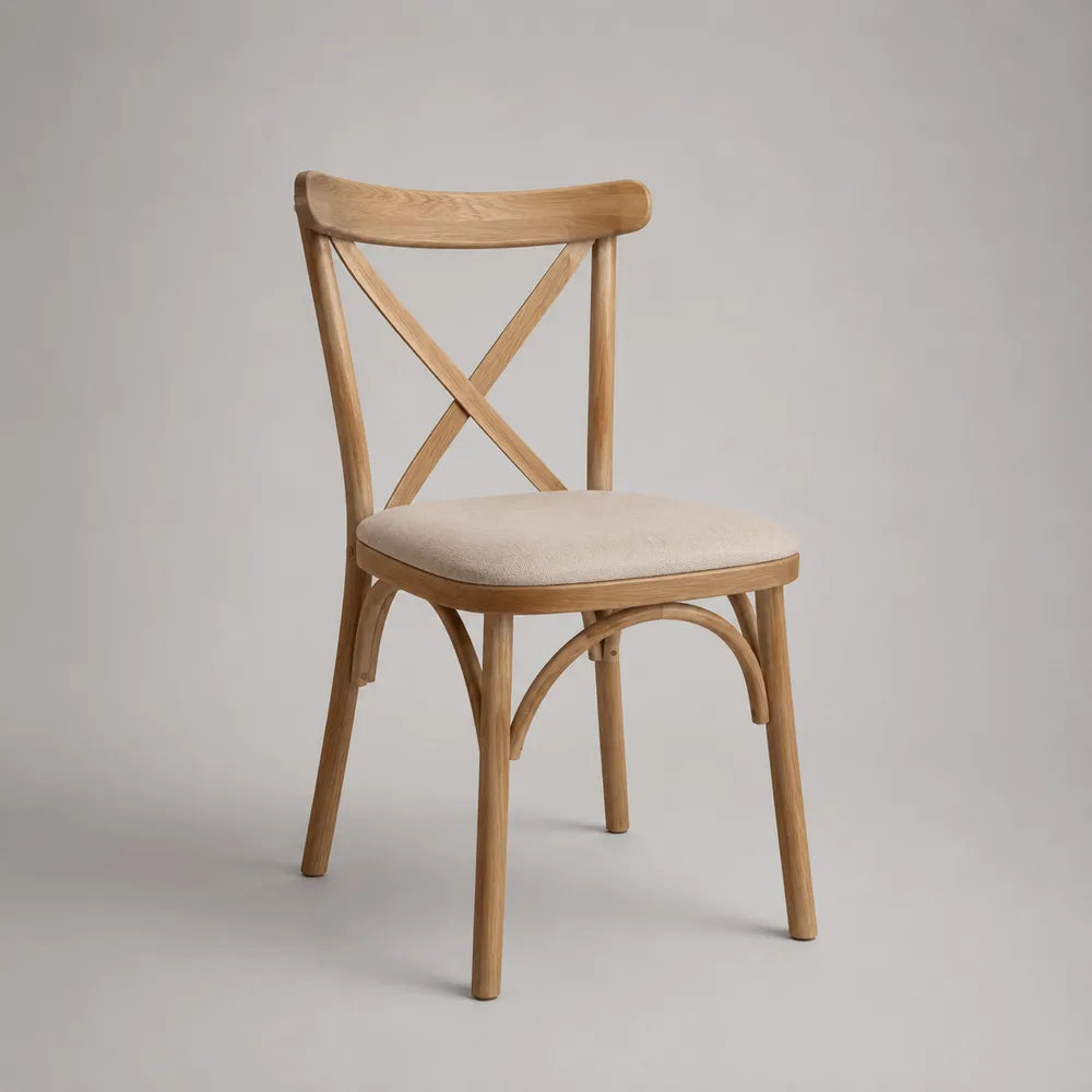 chaise de salle à manger bois chêne clair dossier croisé assise rembourrée tissu polyester beige 48 x 52 x 83 cm