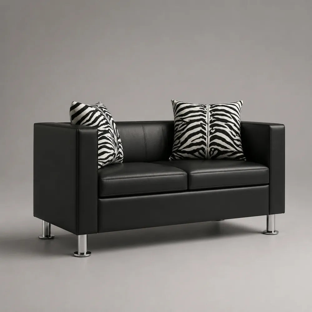 Canapé 2 places 145 x 76 x 72 cm revêtement polyuréthane noir structure bois pin et contreplaqué pieds acier chromé coussins motif zèbre noir et blanc