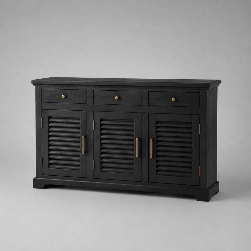 Buffet de salle à manger 3 tiroirs 3 portes bois foncé façades rainurées pieds métal noir doré 160 cm x 40 cm x 80 cm