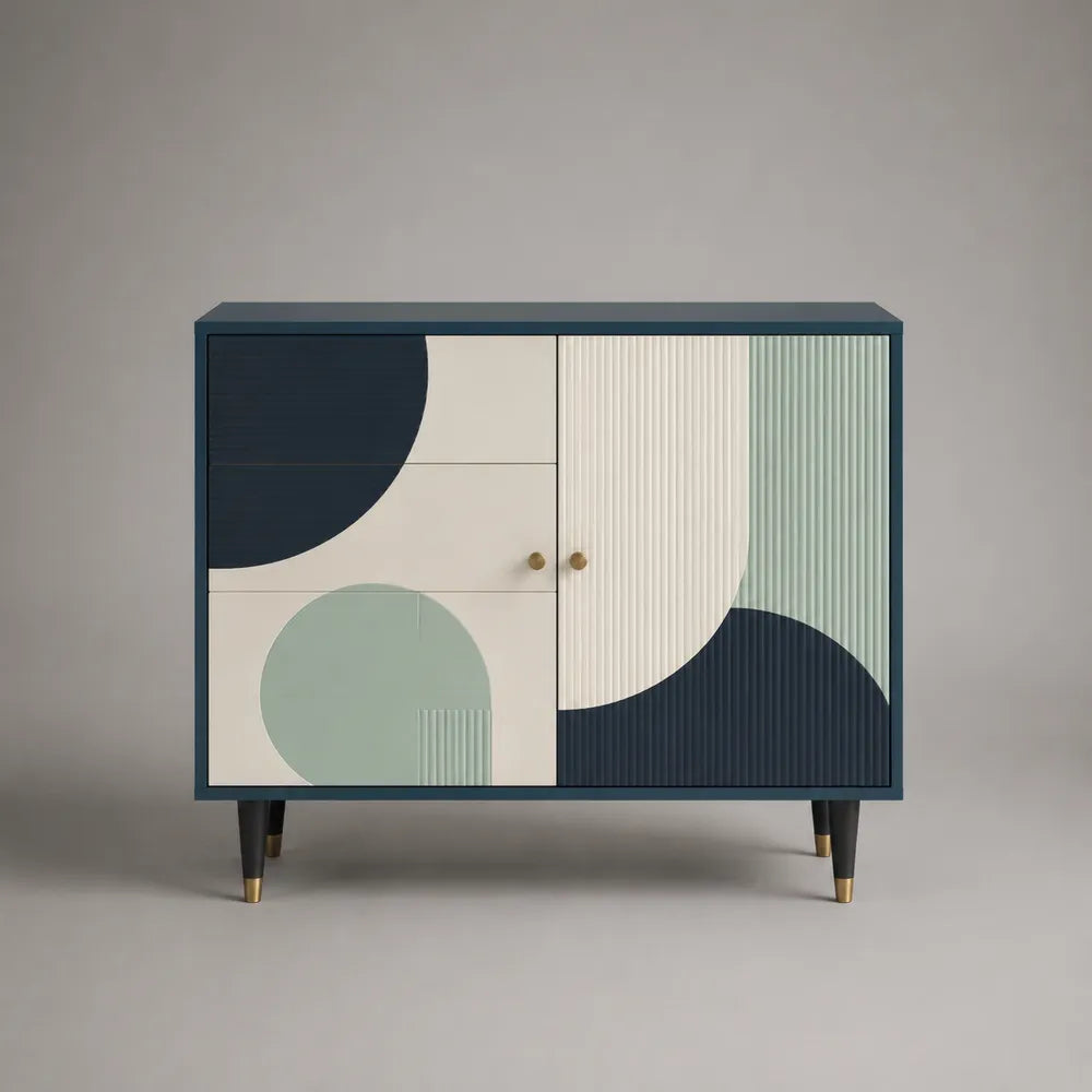 Buffet de salle à manger 1 porte 2 tiroirs MDF laqué motifs abstraits bleu pétrole ivoire vert sauge 120 x 40 x 80 cm
