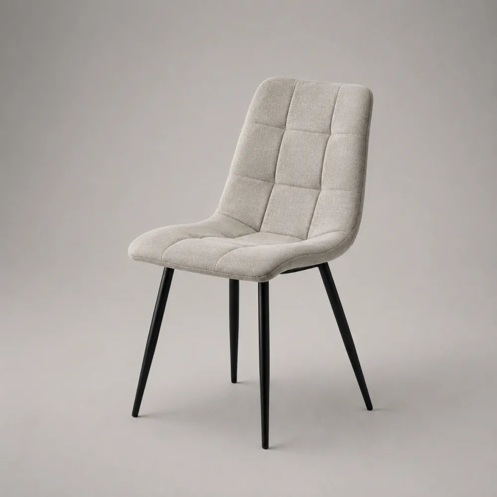 chaise de salle à manger rembourrée tissu polyester gris clair dossier capitonné pieds acier noir 50 x 56 x 82 cm