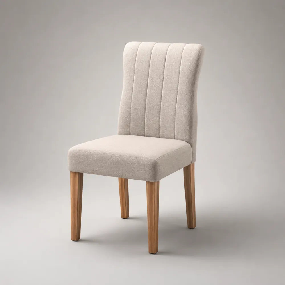 chaise de salle à manger rembourrée tissu polyester beige dossier à surpiqûres verticales pieds bois massif hêtre naturel 48 x 55 x 86 cm