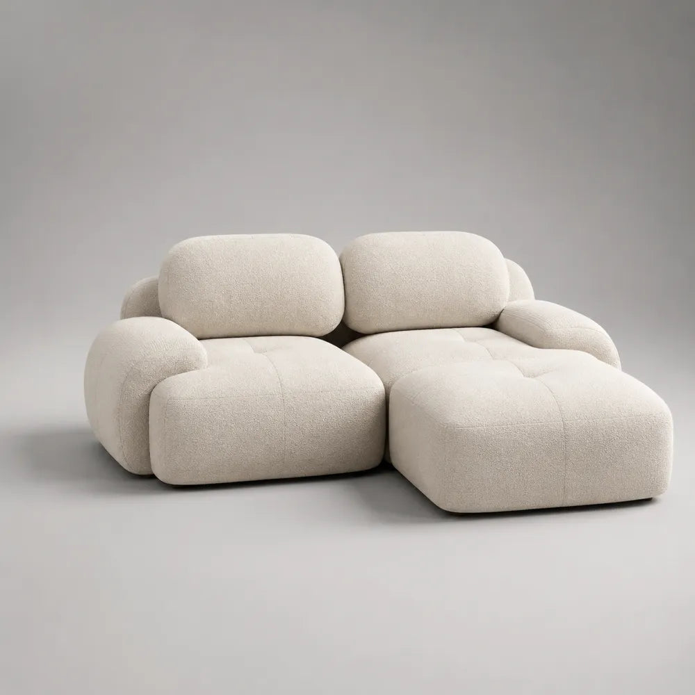 Canapé d’angle modulable 2 places avec méridienne droite 210 x 150 x 78 cm tissu polyester bouclé blanc crème forme arrondie