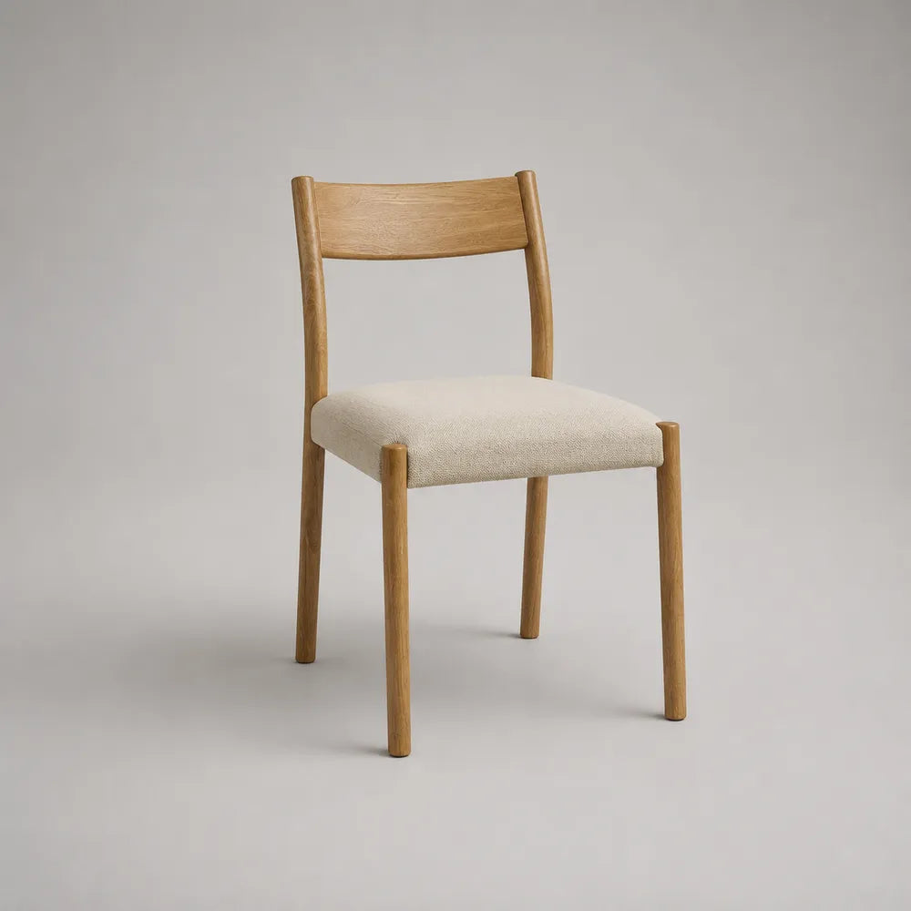 Chaise de salle à manger en bois de chêne massif assise rembourrée tissu écru 45 x 52 x 82 cm