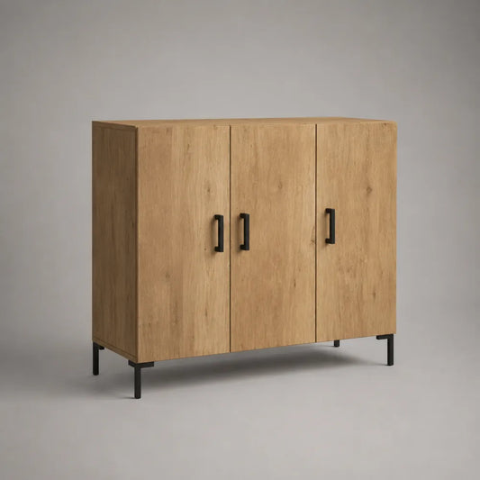 Buffet de salle à manger 3 portes bois MDF placage chêne naturel structure acier noir 120 cm x 40 cm x 85 cm