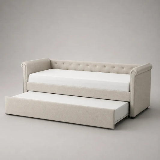 Canapé-lit gigogne 90 x 200 cm tissu polyester beige clair cadre rectangulaire avec lit inférieur coulissant tête de lit capitonnée