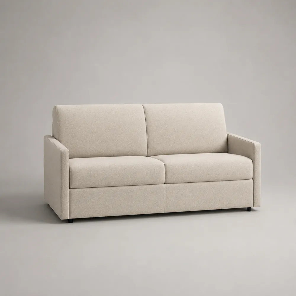 Canapé 2 places 170 x 85 x 88 cm tissu polyester beige clair structure bois et contreplaqué pieds métal noir forme rectangulaire