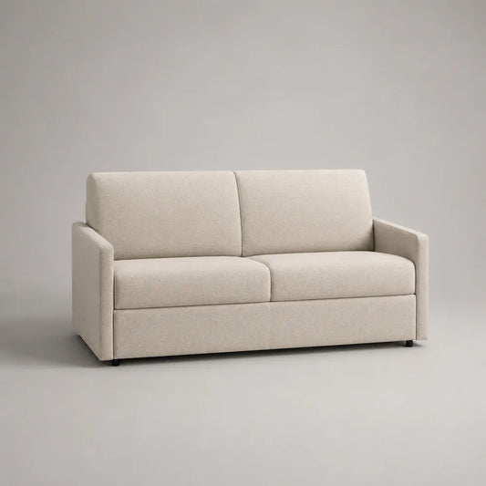 Canapé 2 places 170 x 85 x 88 cm tissu polyester beige clair structure bois et contreplaqué pieds métal noir forme rectangulaire
