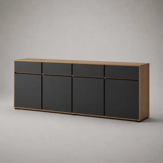 Buffet 4 tiroirs et 4 portes MDF placage chêne naturel gris anthracite 180 x 40 x 80 cm