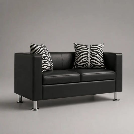 Canapé 2 places 145 x 76 x 72 cm revêtement polyuréthane noir structure bois pin et contreplaqué pieds acier chromé coussins motif zèbre noir et blanc