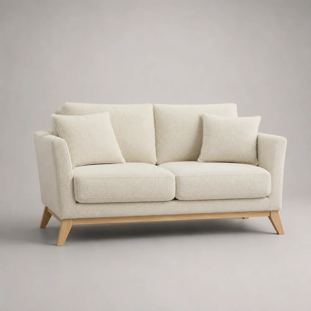 Canapé 2 places 160 x 85 x 88 cm en tissu polyester bouclé écru avec pieds en bois massif forme rectangulaire