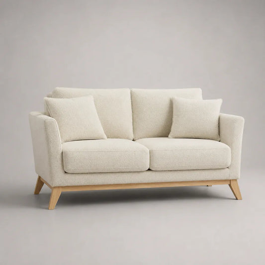 Canapé 2 places 160 x 85 x 88 cm en tissu polyester bouclé écru avec pieds en bois massif forme rectangulaire