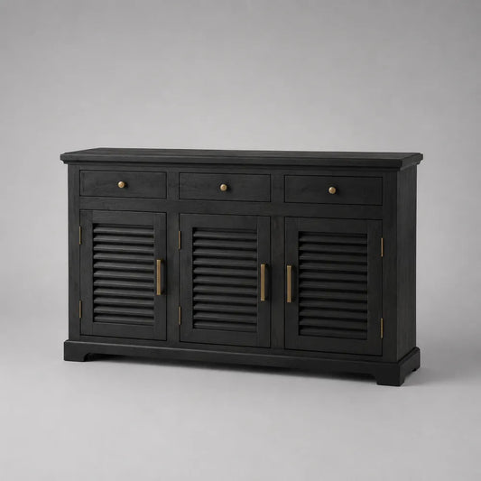 Buffet de salle à manger 3 tiroirs 3 portes bois foncé façades rainurées pieds métal noir doré 160 cm x 40 cm x 80 cm