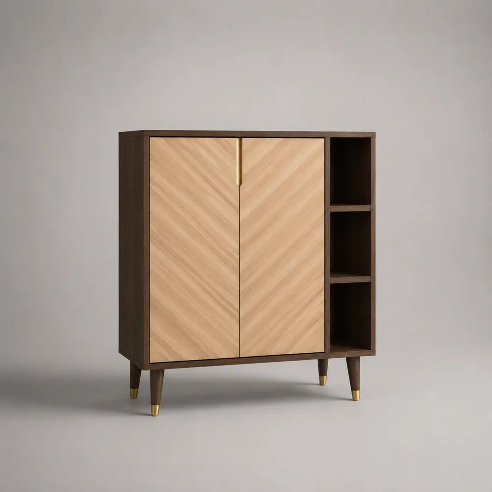 Buffet de salle à manger 2 portes étagères ouvertes MDF placage noyer foncé chêne naturel motif chevron pieds bois et métal laiton 90 x 35 x 110 cm