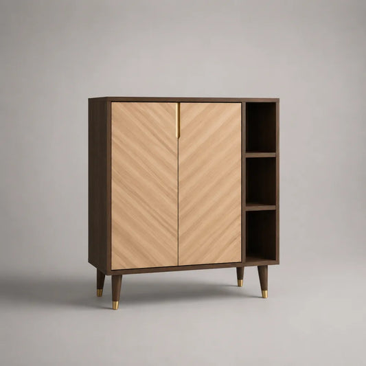 Buffet de salle à manger 2 portes étagères ouvertes MDF placage noyer foncé chêne naturel motif chevron pieds bois et métal laiton 90 x 35 x 110 cm