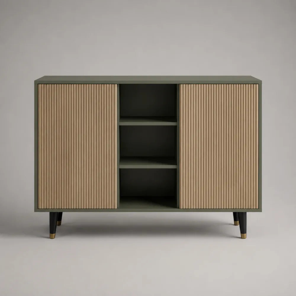 Buffet de salle à manger 120 x 40 x 85 cm 2 portes bois rainuré vert kaki niches ouvertes étagères centrales