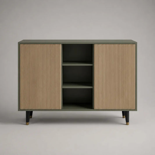Buffet de salle à manger 120 x 40 x 85 cm 2 portes bois rainuré vert kaki niches ouvertes étagères centrales