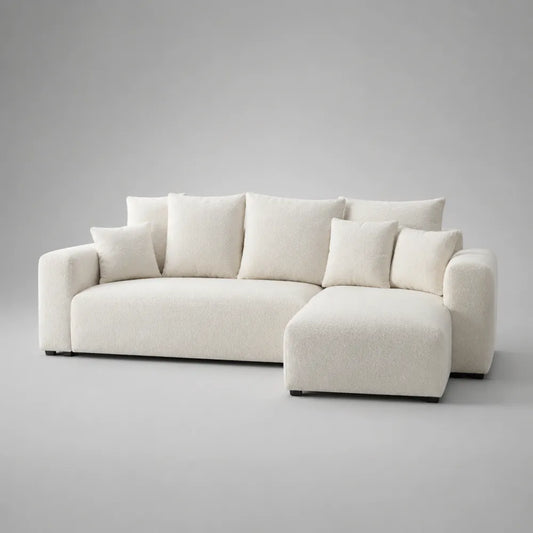 Canapé d’angle 260 cm x 160 cm x 85 cm en tissu bouclé polyester blanc forme L avec méridienne droite structure bois