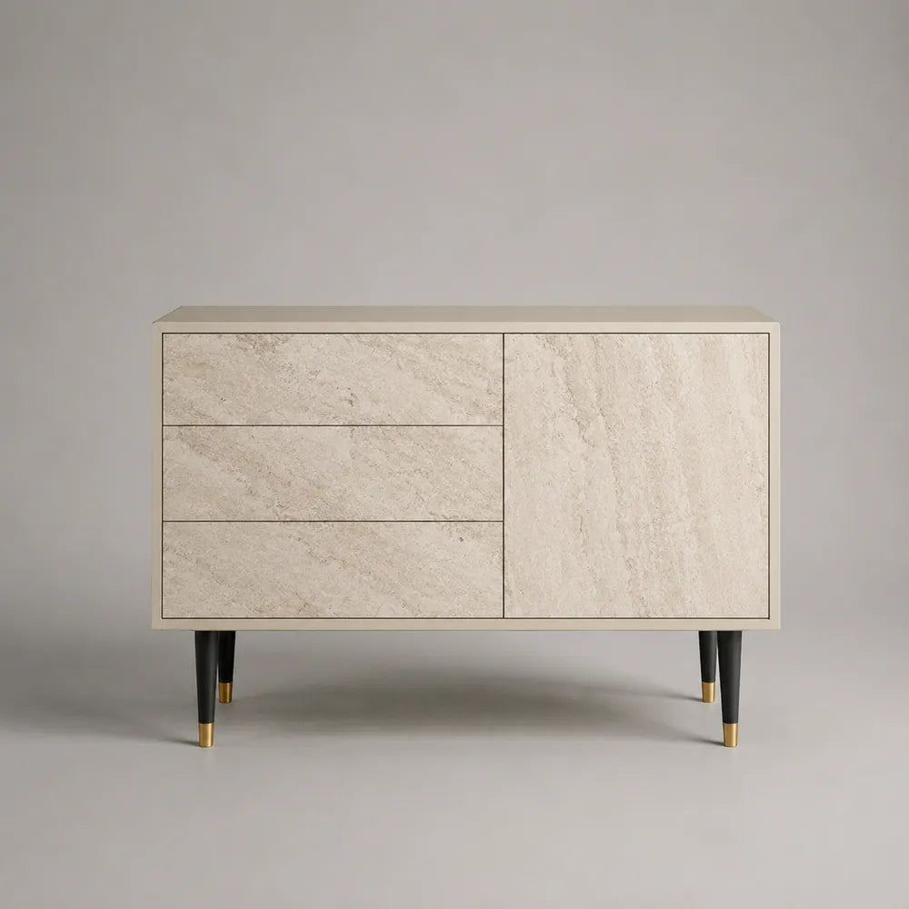 Buffet 120 x 40 x 80 cm MDF effet pierre travertin 3 tiroirs 1 porte rectangulaire beige noir laiton