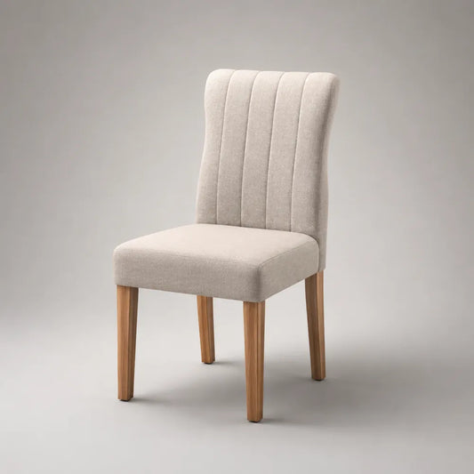 chaise de salle à manger rembourrée tissu polyester beige dossier à surpiqûres verticales pieds bois massif hêtre naturel 48 x 55 x 86 cm