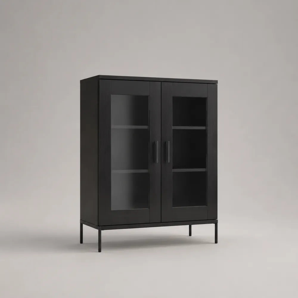 Buffet de salle à manger 2 portes vitrées noir MDF étagères intérieures pieds acier noir 80 x 40 x 120 cm