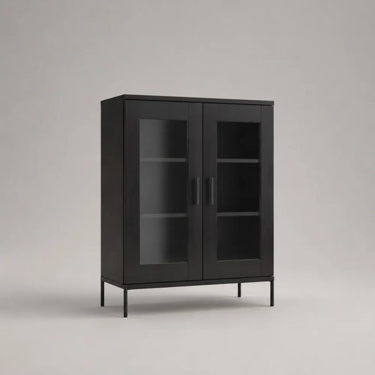 Buffet de salle à manger 2 portes vitrées noir MDF étagères intérieures pieds acier noir 80 x 40 x 120 cm